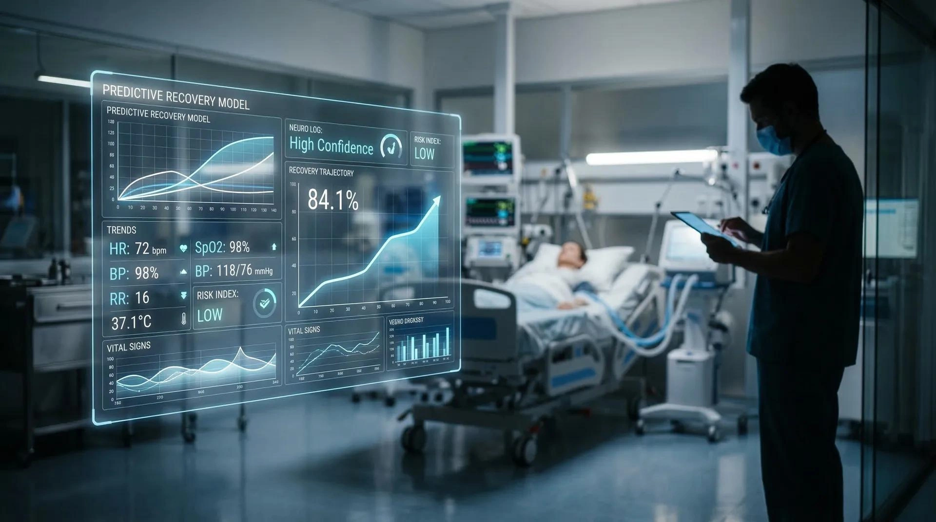 Clinician reviewing continuous AI health monitoring data on a hospital bedside monitor